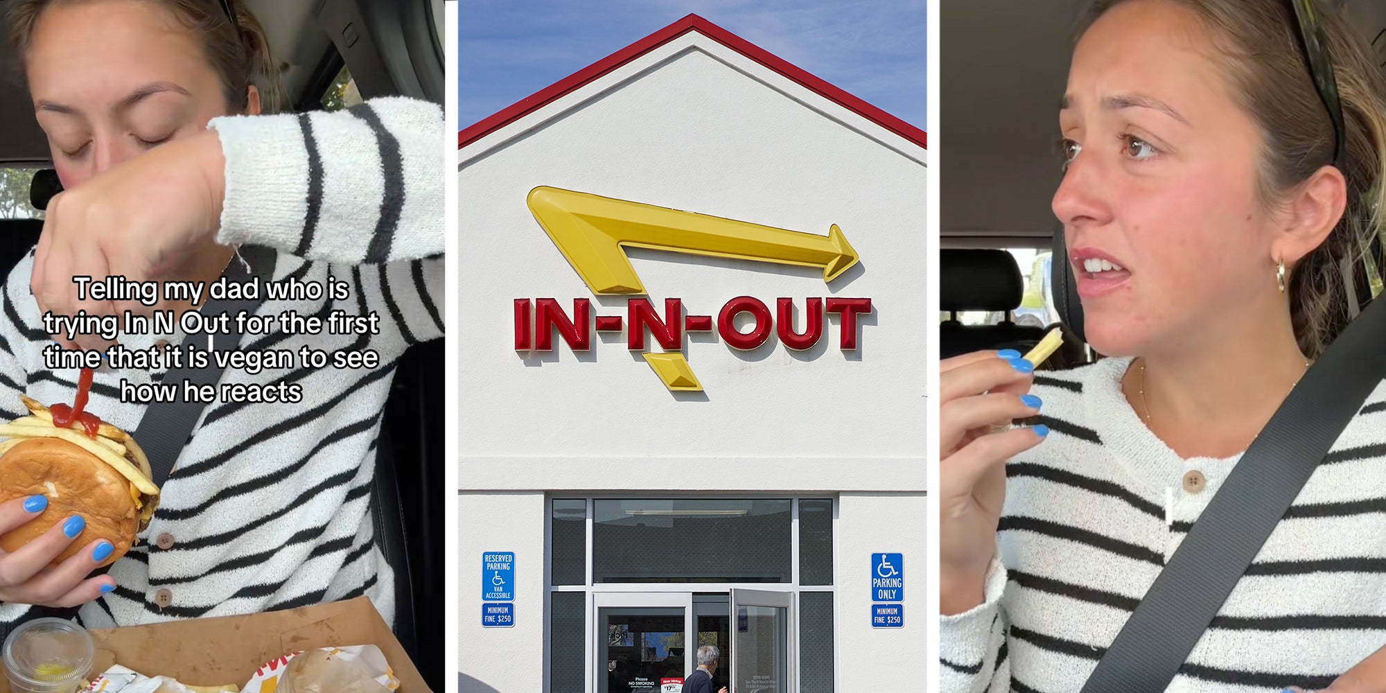 Woman eating In-N-Out burger in her car with her father. Caption overlay reads, 'Telling my dad who is trying In-N-Out for the first time that it is vegan to see how he reacts.' Middle: A man enters a Redwood City location on the In-N-Out fast food restaurant chain.