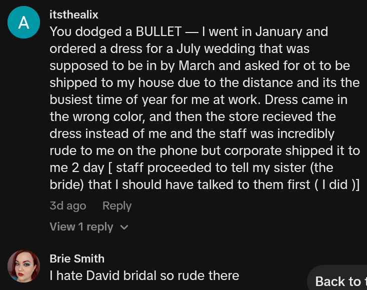 TikTok comments including one reading 'You dodged a BULLET — I went in January and ordered a dress for a July wedding that was supposed to be in by March and asked for ot to be shipped to my house due to the distance and its the busiest time of year for me at work. Dress came in the wrong color, and then the store recieved the dress instead of me and the staff was incredibly rude to me on the phone but corporate shipped it to me 2 day [ staff proceeded to tell my sister (the bride) that I should have talked to them first ( I did )]'