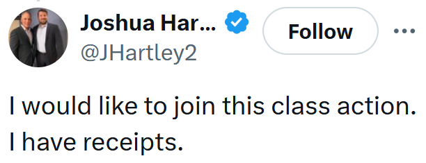 Tweet reading 'I would like to join this class action. I have receipts.'