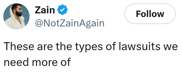 Tweet reading 'These are the types of lawsuits we need more of'
