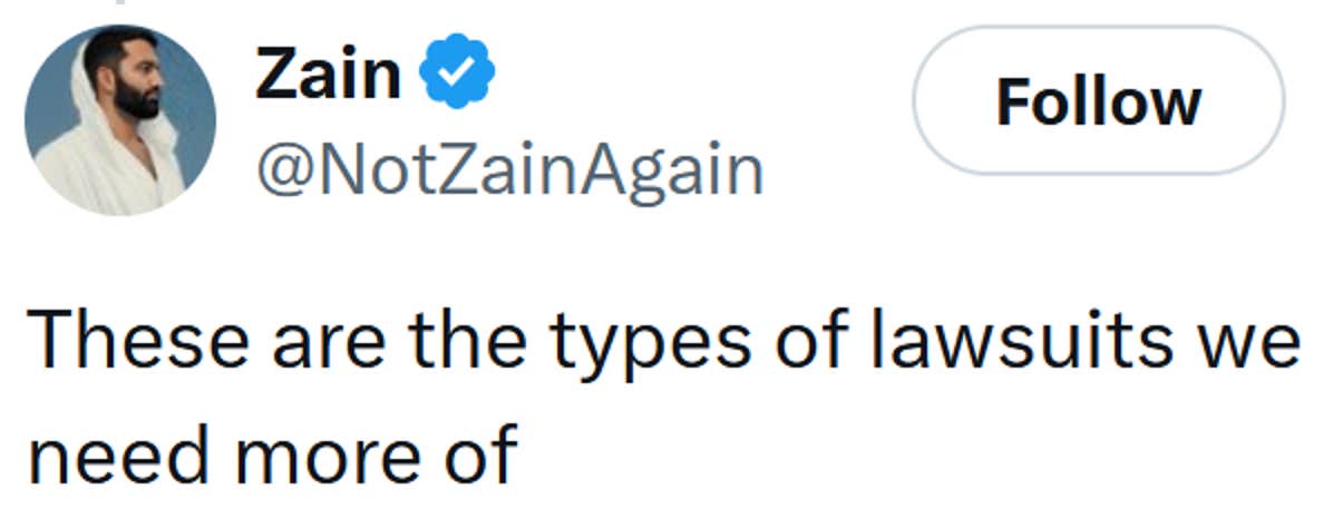 Tweet reading 'These are the types of lawsuits we need more of'