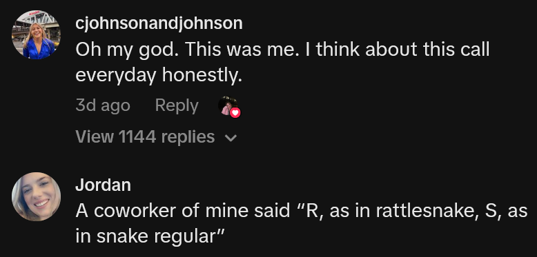 TikTok comments including one reading 'Oh my god. This was me. I think about this call everyday honestly.'