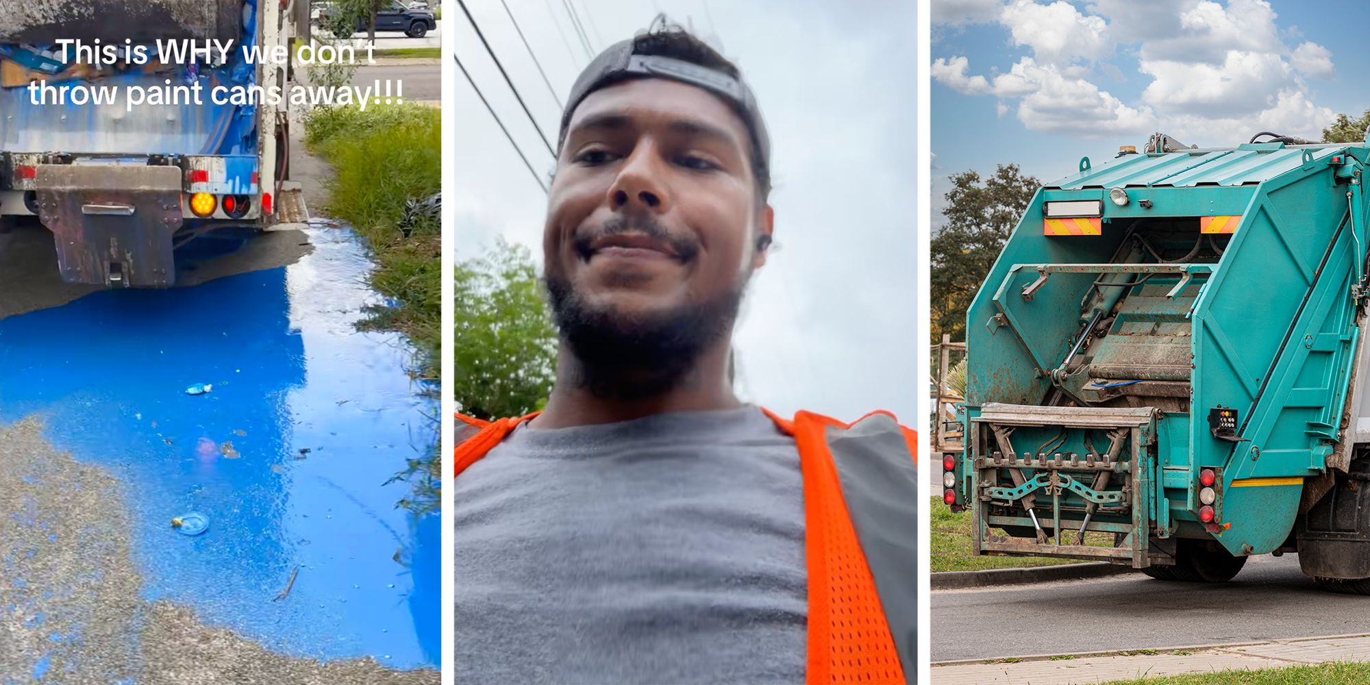 man looking mad next to a garbage can with a stream of bright blue liquid trailing behind it