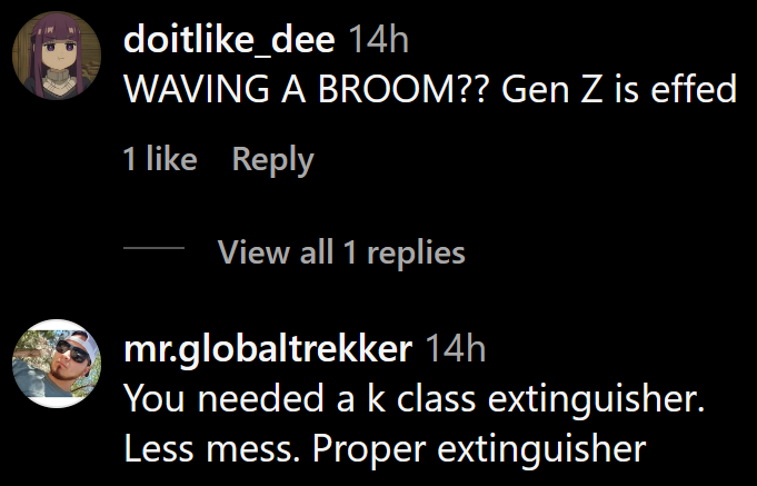 Instagram comments including one reading 'WAVING A BROOM?? Gen Z is effed'