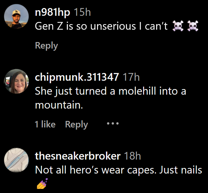 Instagram comments including one reading 'Gen Z is so unserious I can’t'