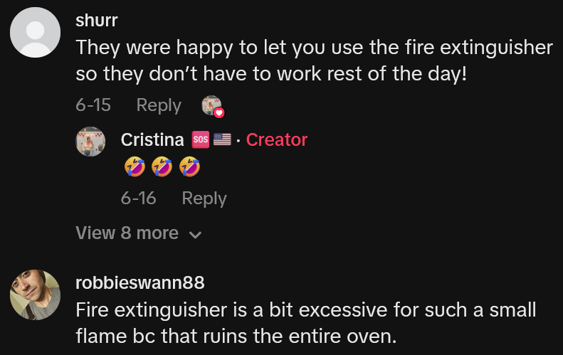 TikTok comments including one reading 'They were happy to let you use the fire extinguisher so they don’t have to work rest of the day!'