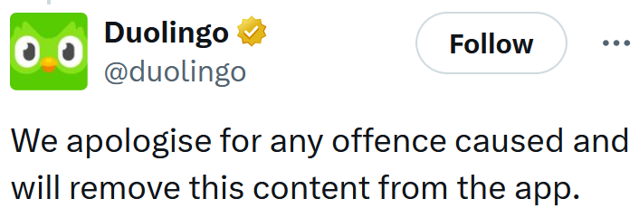 Duolingo tweet reading 'We apologise for any offence caused and will remove this content from the app.'