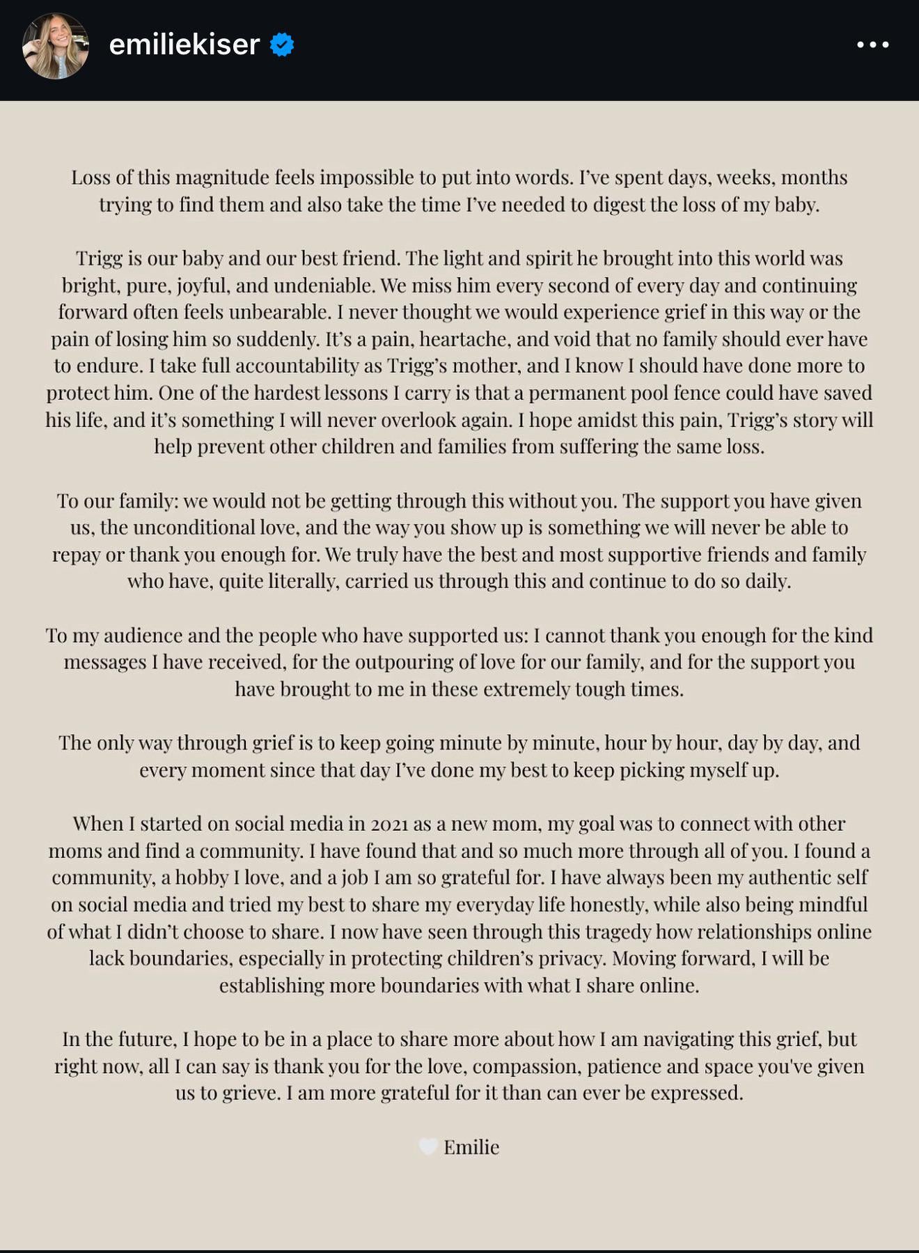 Emilie Kiser's written statement on her son's death.