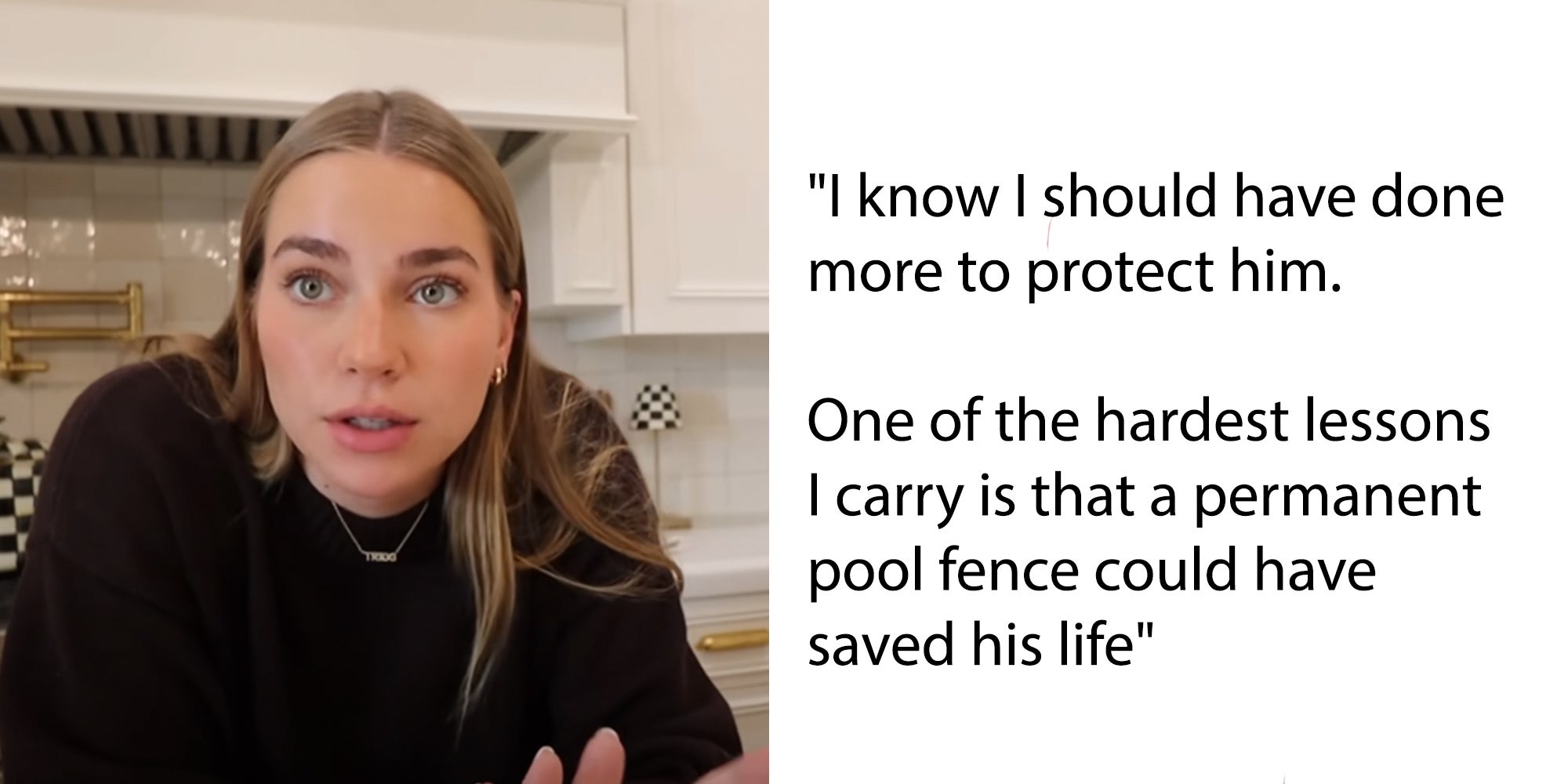 Emilie Kiser looking into the camera in her kitchen.