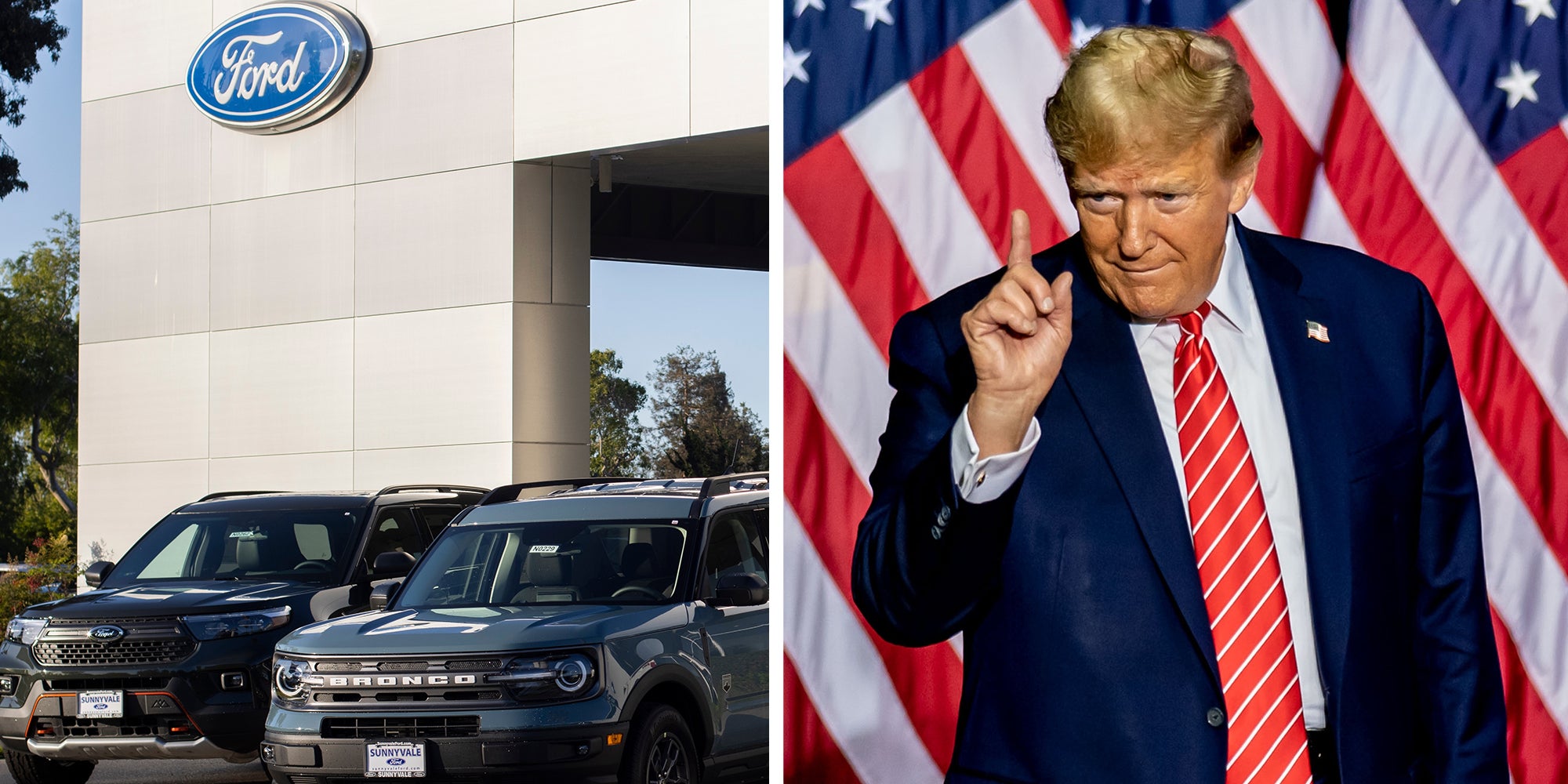 Left: May 3, 2022: Ford pickup trucks and SUVs are seen displayed outside a Ford dealership store in Sunnyvale, California. Ford Motor Company is an American automobile manufacturer. Right: Donald Trump at a campaign rally in Rome, Georgia, USA, pointing in front of an American flag.