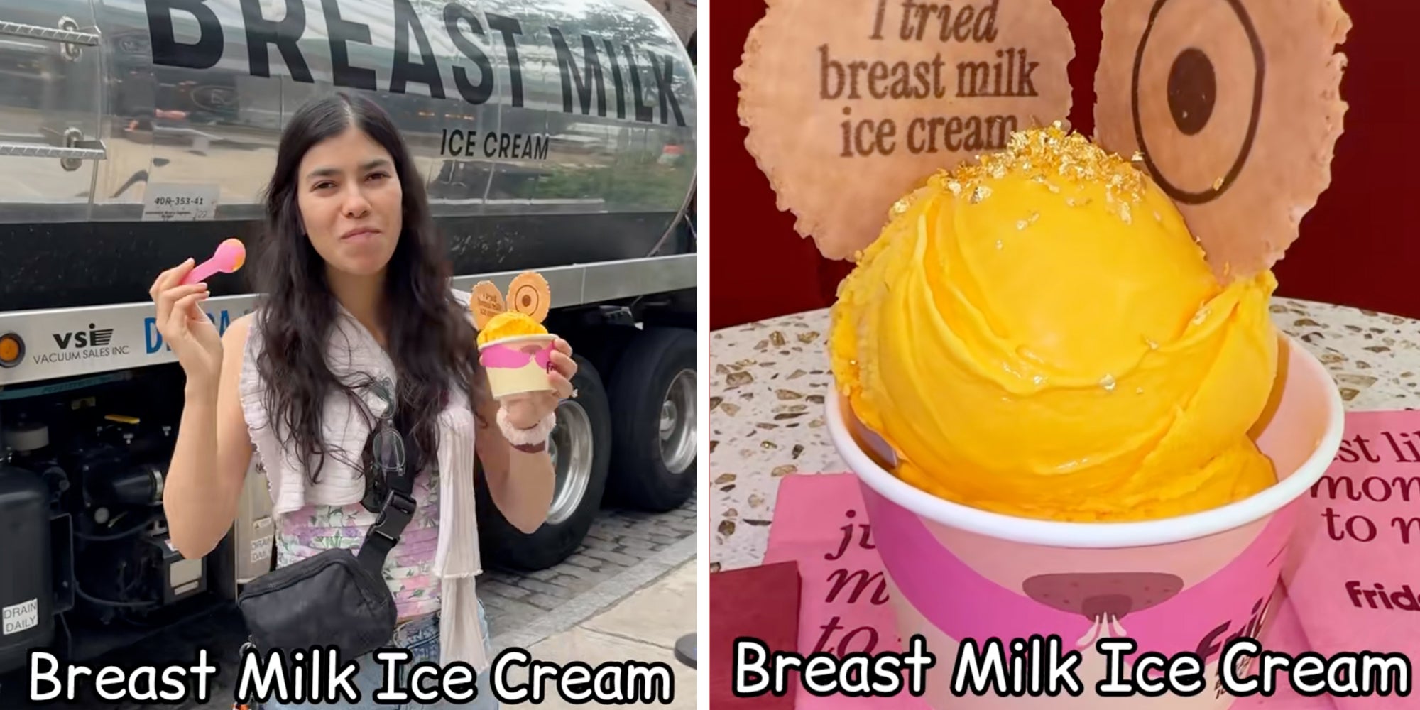 Left: Woman standing in front of a truck reading "Breast Milk" eating breast milk ice cream. Right: Yellow scoop of breast milk ice cream in a pink cup.