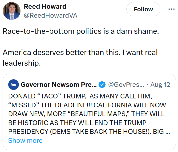 Tweet reading 'Race-to-the-bottom politics is a darn shame. America deserves better than this. I want real leadership.'