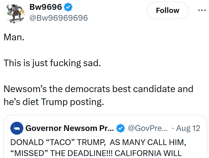 Tweet reading 'Man. This is just fucking sad. Newsom’s the democrats best candidate and he’s diet Trump posting.'
