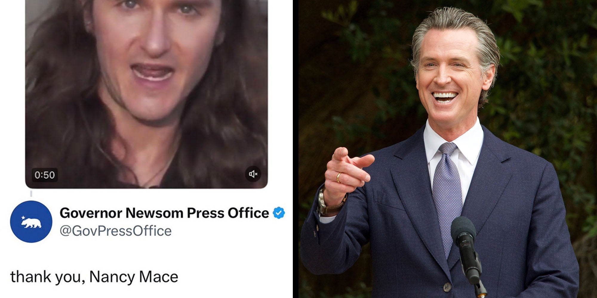 Left: Tweet from Governor Newsom Press Office reading 'Thank you Nancy Mace.' Right: Governor Gavin Newsom at the California and New Zealand Partner to Advance Global Climate Leadership press conference.