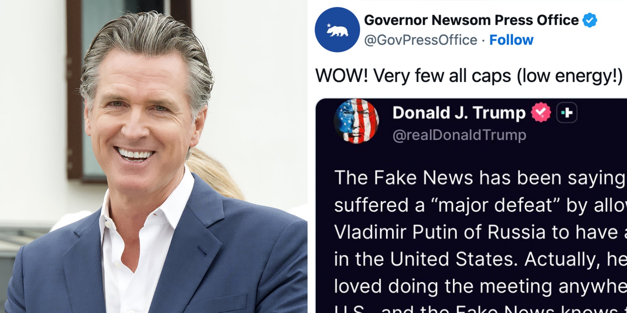 Left: California Governor Gavin Newsom speaking at a press event and smiling Right: Governor Newsome Press Office Twitter Account tweet reading "WOW! Very few all caps (low energy!)" under a screenshot of President Donald Trump's Truth Social post in which he is no longer postin gin all caps.