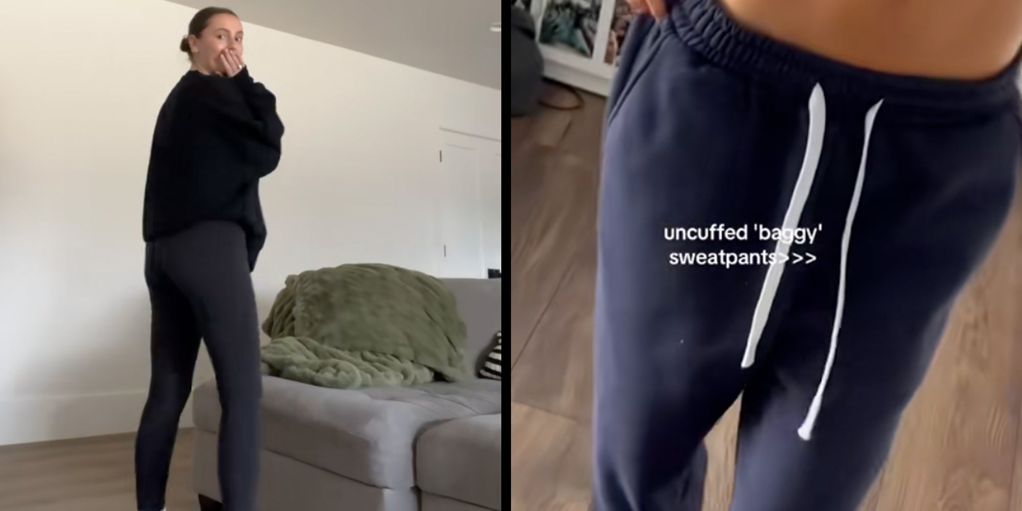 Left: Woman turning around with her hand to her face, she is wearing leggings. Right: Woman posing in navy sweatpants, text overlay reads, 'uncuffed 'baggy' sweatpants>>>.'