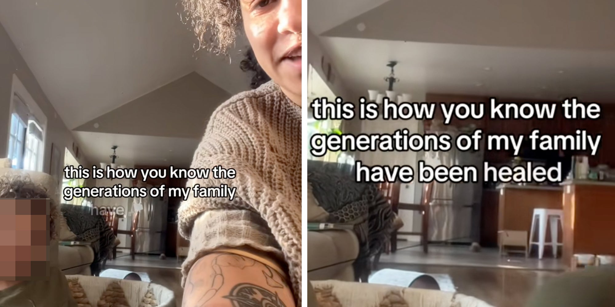 Mother looking into camera next to her child, caption overlay reads 'this is how you know the generations of my family have been healed.'