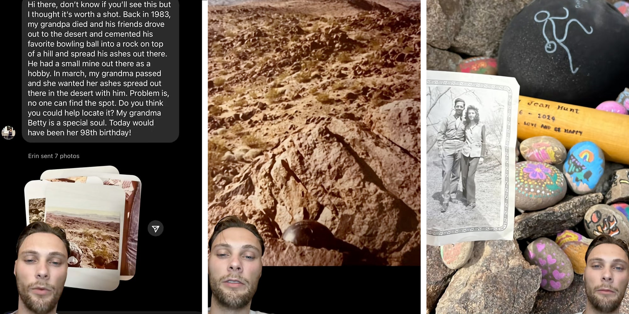 3 panel: Left: Geoguessr star Rainbolt with a DM from a girl asking for his help. Middle: Rainbolt with photograph of bowling ball in the desert.