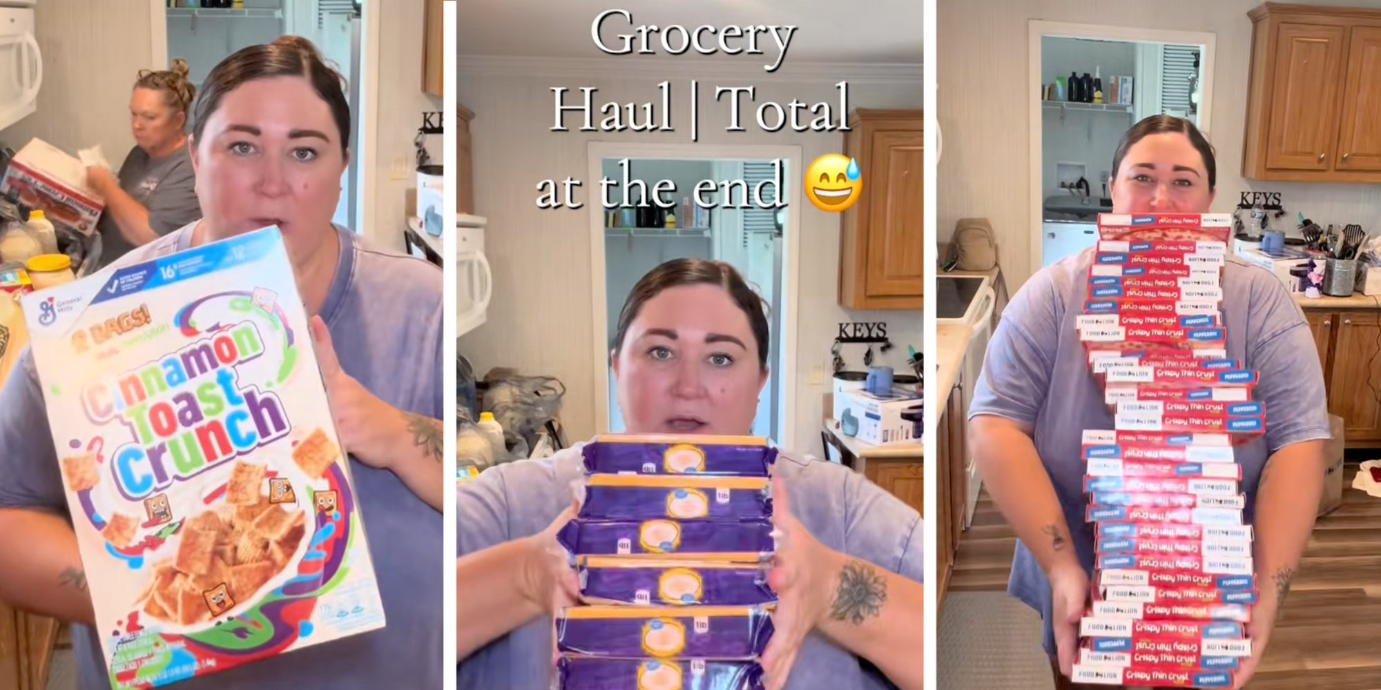 3 panel: Left: Mom holding a box of Cinnamon Toast Crunch cereal. Middle: Mom holding 5 blocks of cheese, caption overlay reads 'Grocery haul/total at the end.' Right: Mom holding 32 boxes of frozen pizza.