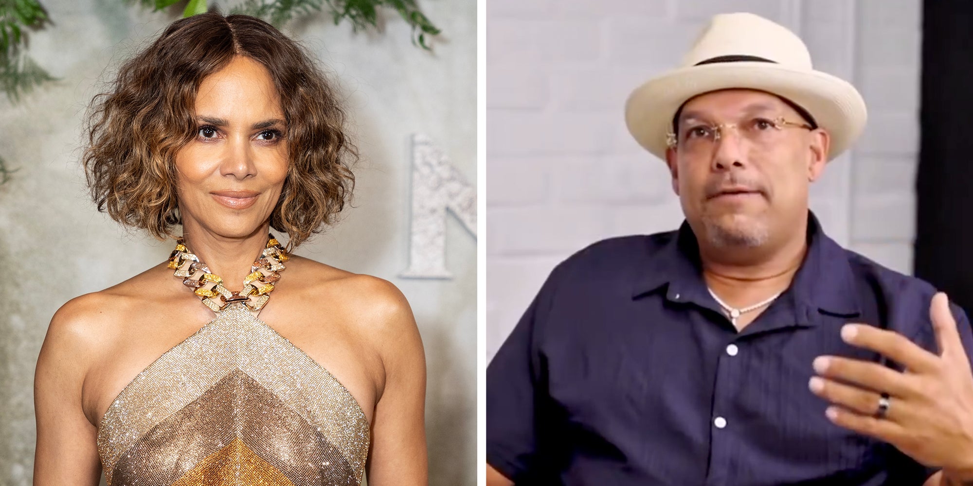 Left: Halle Berry wearing dress by Tamara Ralph attends premiere of Lionsgate 'Never Let Go' at Regal Times Square in New York on September 16, 2024. Right: Halle Berry’s ex-husband, former MLB player David Justice, in a fedora, giving an interview.