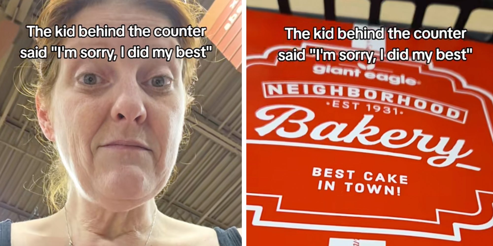 Left: Woman looking into camera, caption overlay reads 'The kid behind the counter says 'I’m sorry, I did my best.'' Right: Red cake box.