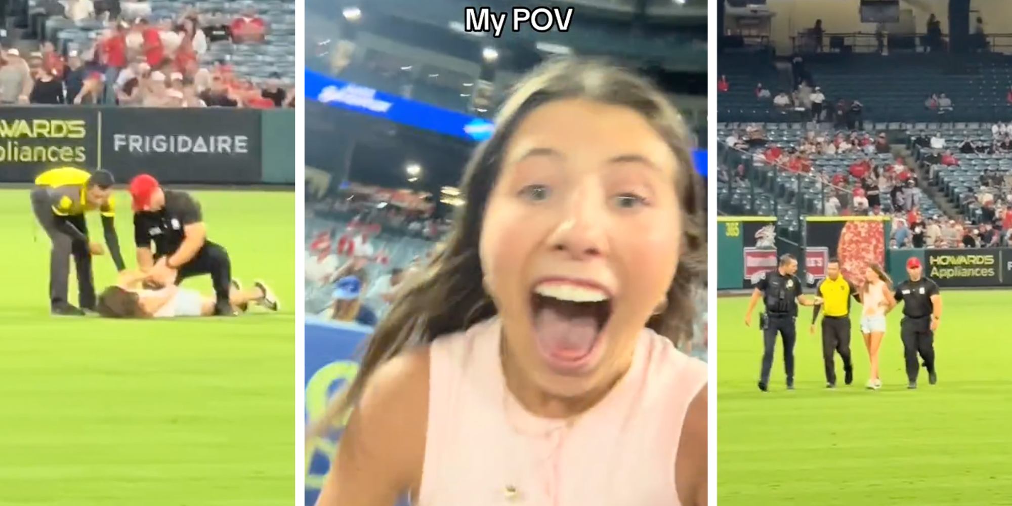 julia hill runs onto baseball field during game