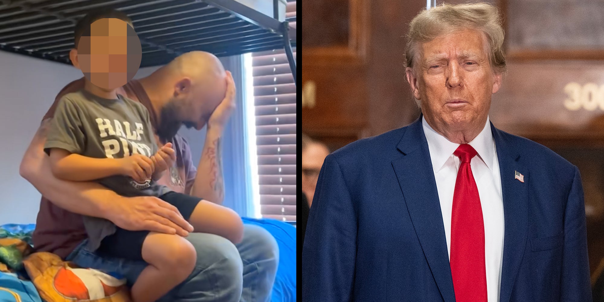 Left: Little boy sitting on his father's lap in a bunk bed. Right: President Donald Trump speaks to the press.