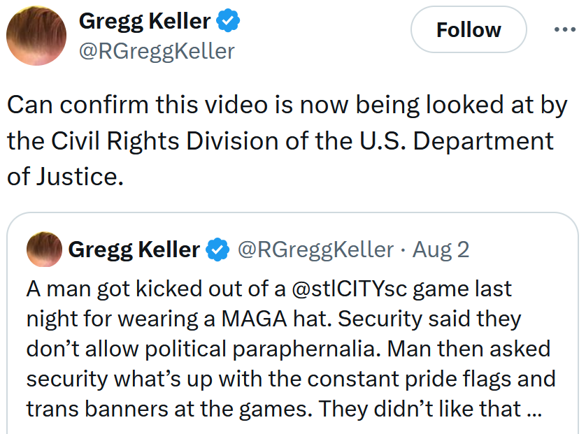 Tweet reading 'Can confirm this video is now being looked at by the Civil Rights Division of the U.S. Department of Justice.'