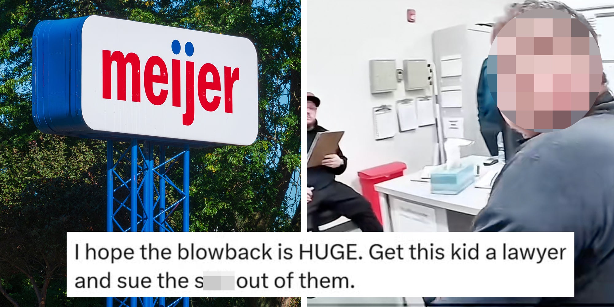 2 panel image: Left: Meijer Branding on Elevated Signpost with Copy-Space. Right: Screencap of police bodycam footage teenager in Meijer. Caption overlay reads "I hope the blowback is HUGE. Get this kid a lawyer."
