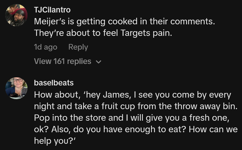 TikTok comments including on reading 'Meijer’s is getting cooked in their comments. They’re about to feel Targets pain.'