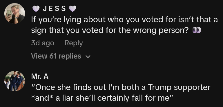 TikTok comments including one reading '“Once she finds out I’m both a Trump supporter *and* a liar she’ll certainly fall for me”'