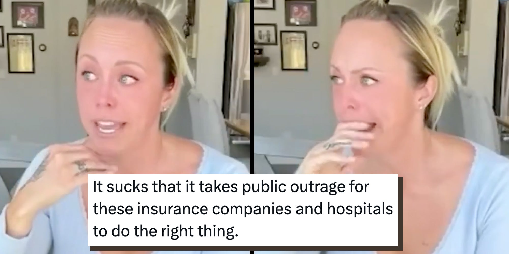 California mom Jessica Farwell crying as she recalls taking her baby to the hospital. Caption overlay reads, 'It sucks that it takes public outrage for these insurance companies and hospitals to do the right thing.'