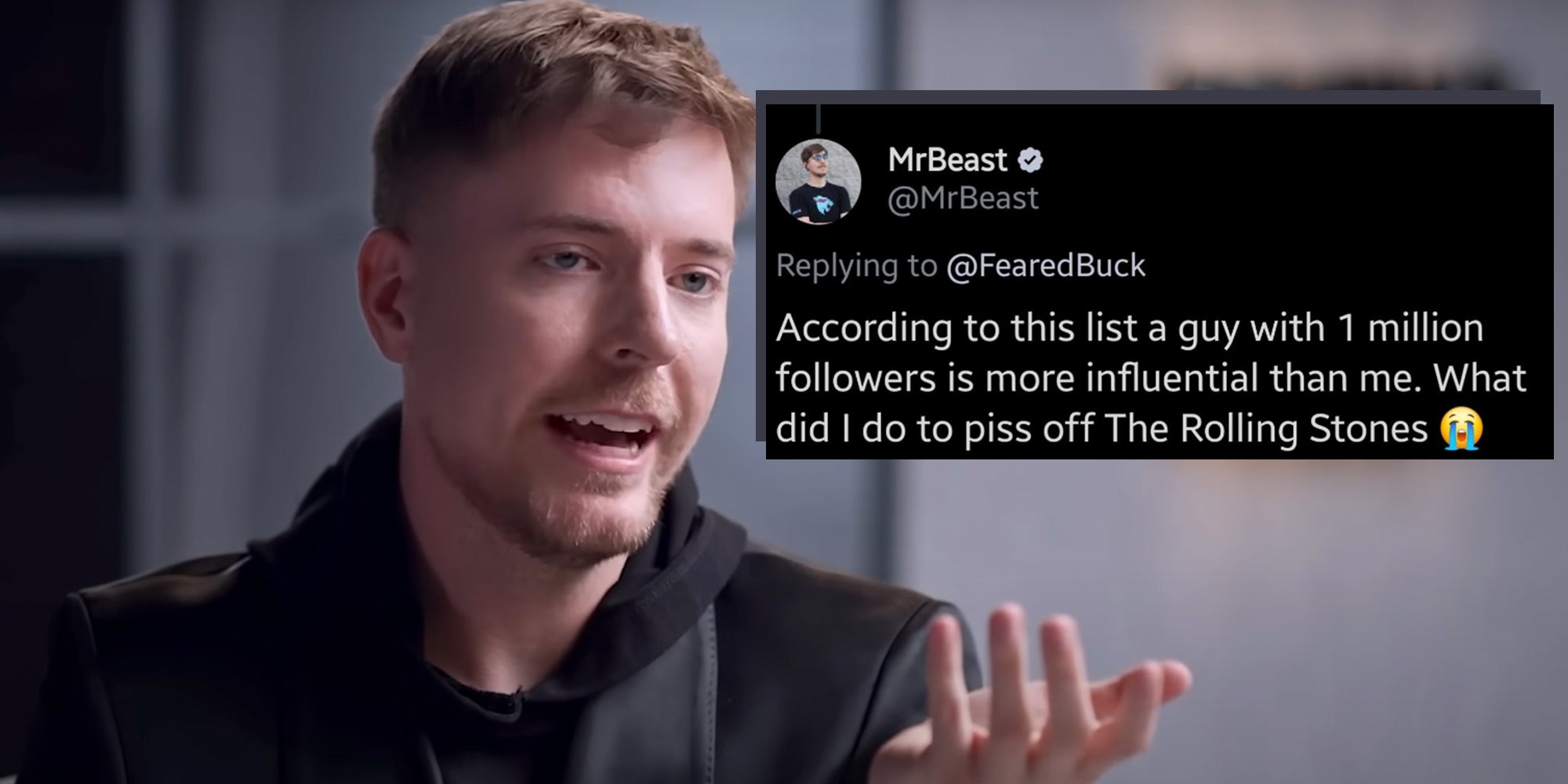 MrBeast in an interview. Caption overlay from @MrBeast X account reads, "According to this list a guy with 1 million followers is more influential than me. What did I do to piss off The Rolling Stones."