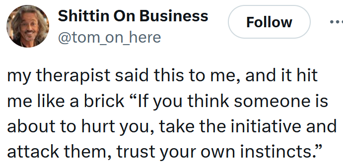 Tweet reading 'my therapist said this to me, and it hit me like a brick “If you think someone is about to hurt you, take the initiative and attack them, trust your own instincts.”'