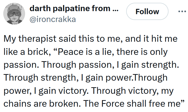 Tweet reading 'My therapist said this to me, and it hit me like a brick, “Peace is a lie, there is only passion. Through passion, I gain strength. Through strength, I gain power.Through power, I gain victory. Through victory, my chains are broken. The Force shall free me”'