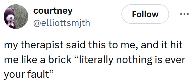 my therapist said this to me, and it hit me like a brick “literally nothing is ever your fault''