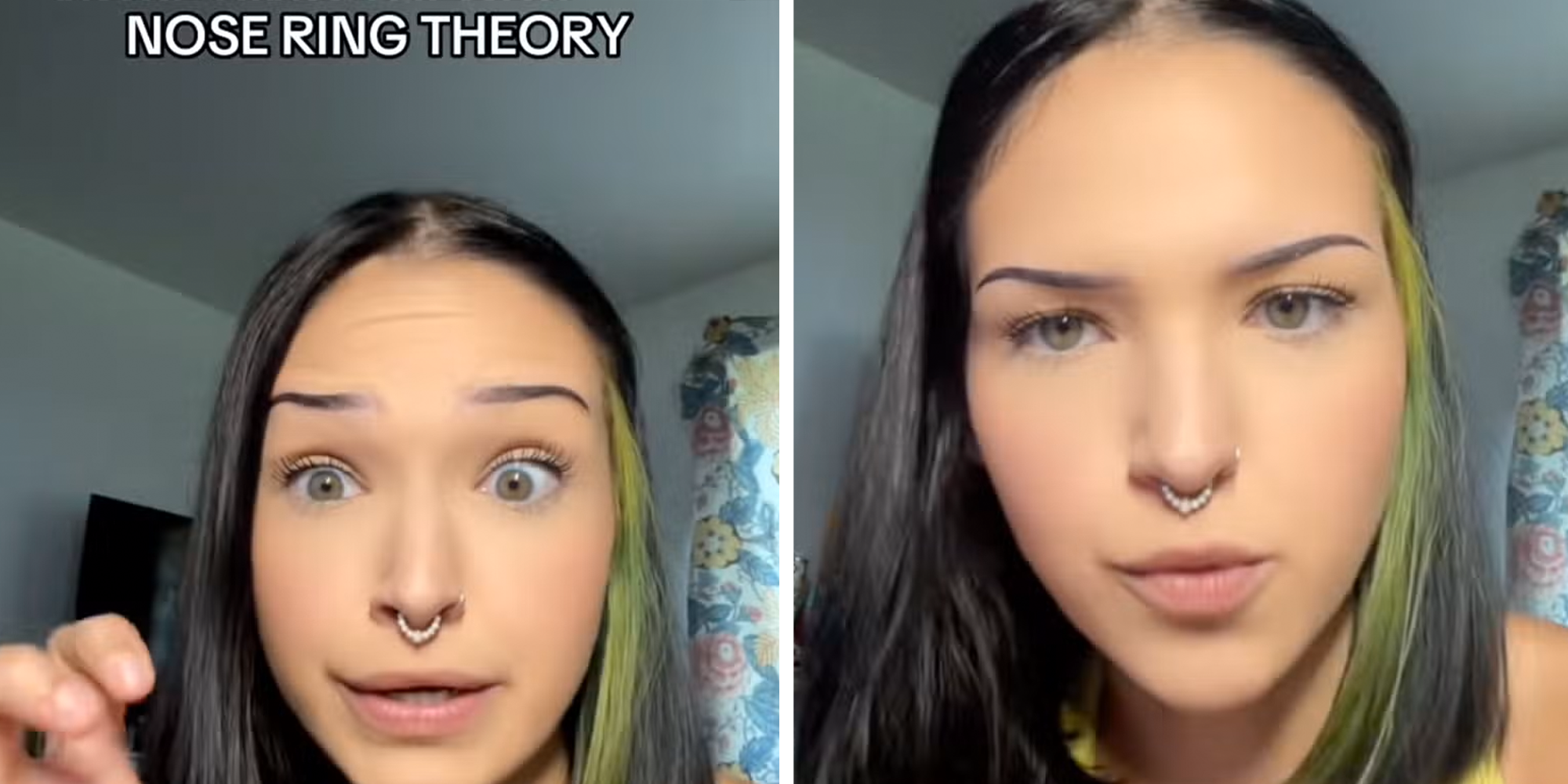 Two panel image: Woman with a septum piercing doing air quotes, caption overlay reads 'Nose ring theory.'