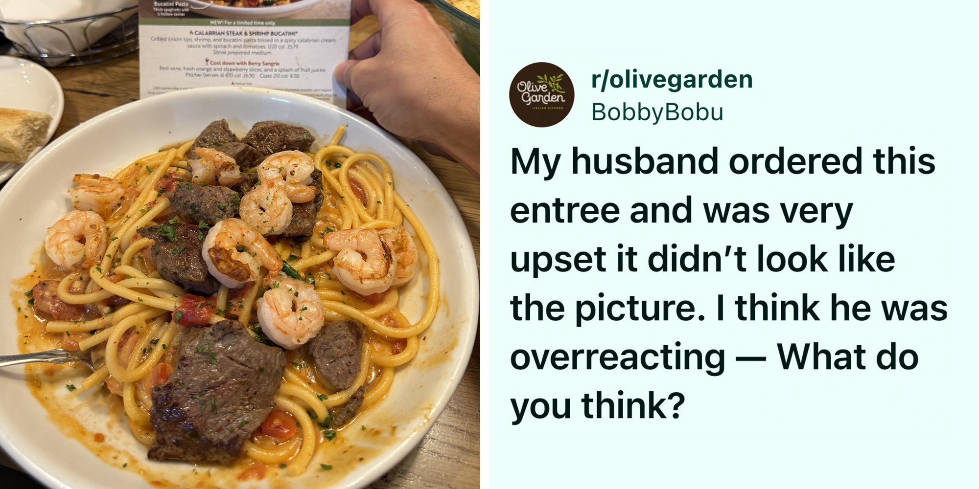 Left: Photo of Olive Garden's steak and shrimp bucatini dish. Right: Text reading 'My husband ordered this entree and was very upset it didn’t look like the picture. I think he was overreacting — What do you think?'