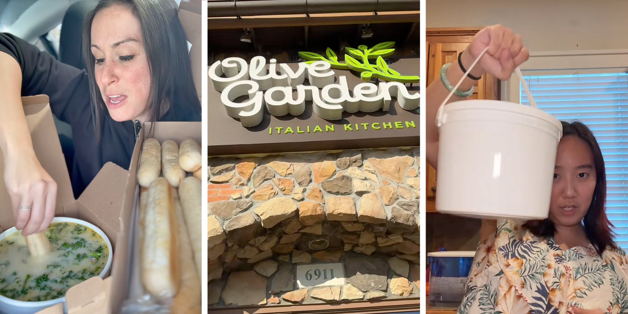 Left: Woman sitting in her car dipping Olive Garden breadsticks into a gallon soup bucket. Middle: Olive Garden storefront. Right: Woman in her living room holding gallon bucket of Olive Garden soup.