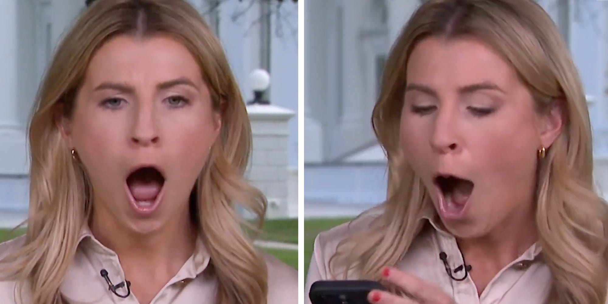 CBS News White House correspondent Olivia Rinaldi with a shocked face finding out about Taylor Swift's engagement to Travis Kelce in real time.