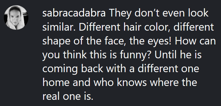 Instagram comment reading 'They don’t even look similar. Different hair color, different shape of the face, the eyes! How can you think this is funny? Until he is coming back with a different one home and who knows where the real one is.'