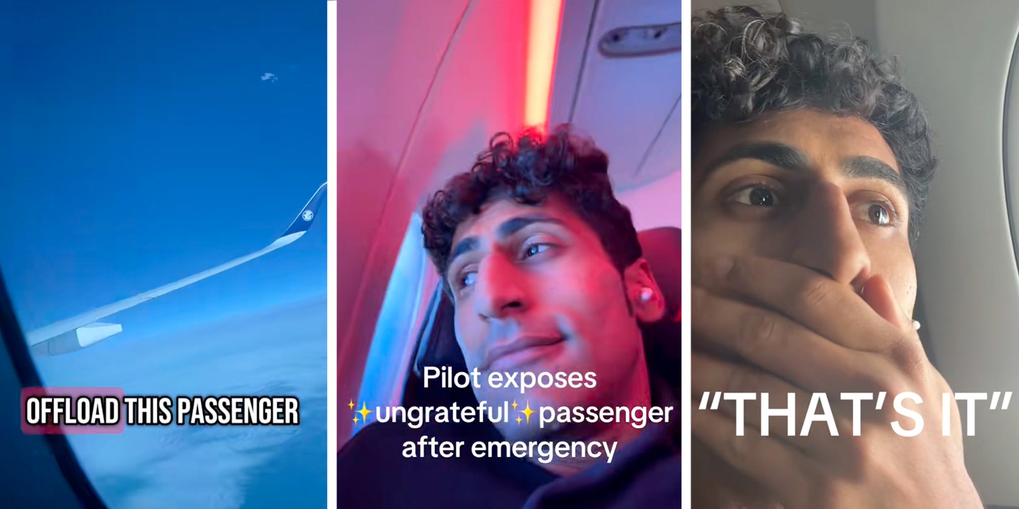 Left: Airplane wing Middle: Man looking out an airplane window under caption reading: 'Pilot exposes ungrateful passenger after emergency' Right: Same man looking shocked