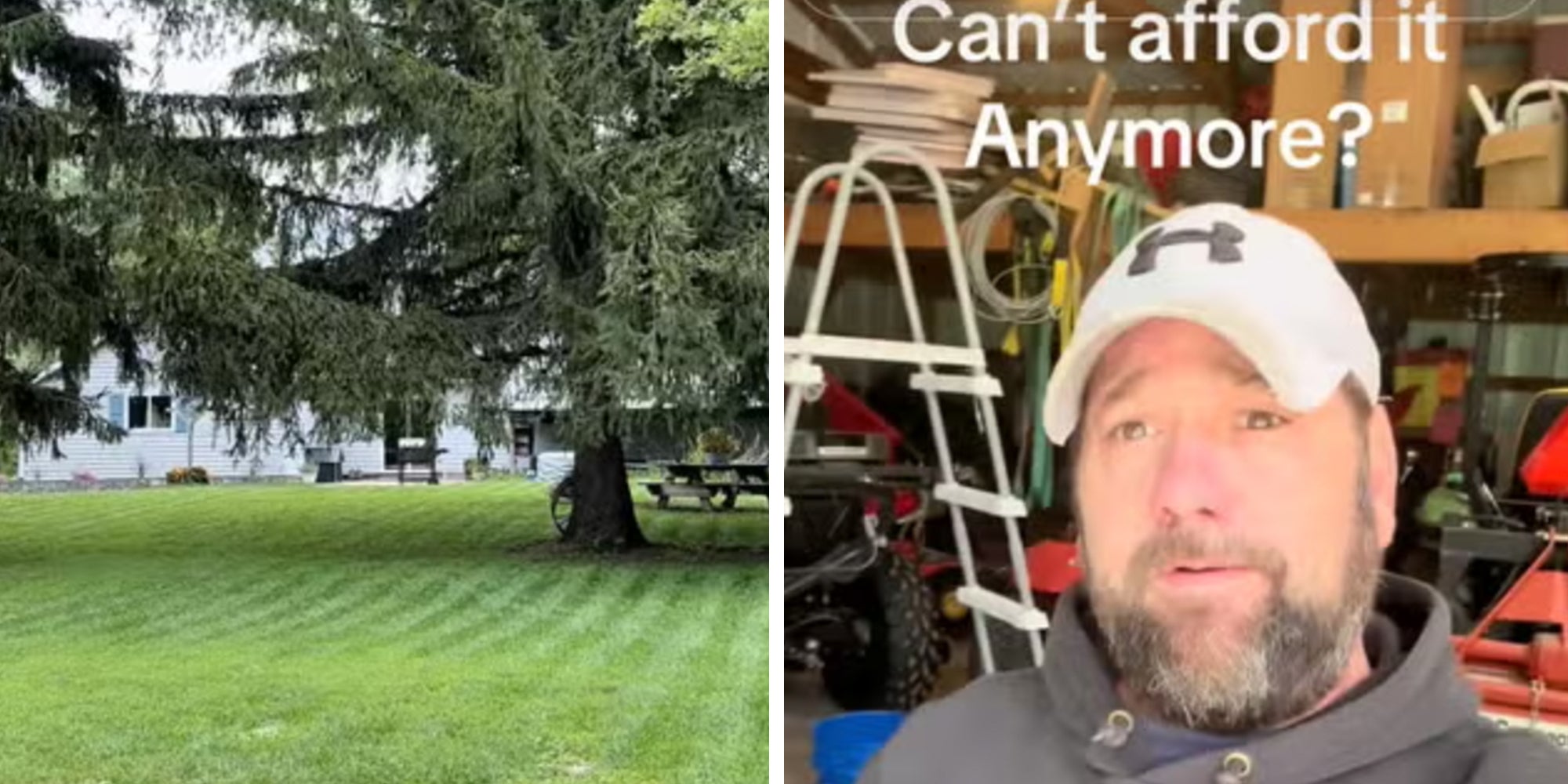 Left: White house seen between large trees on a green lawn. Right: Man in his garage in a white cap, caption overlay reads, 'Can't afford it anymore?'