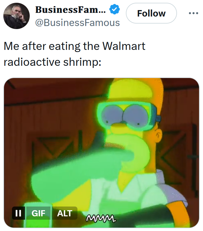 Radioactive shrimp meme with a gif of Homer Simpson eating radioactive material.
