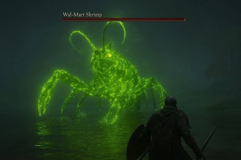 Radioactive shrimp meme with a giant lobster from Dark Souls.