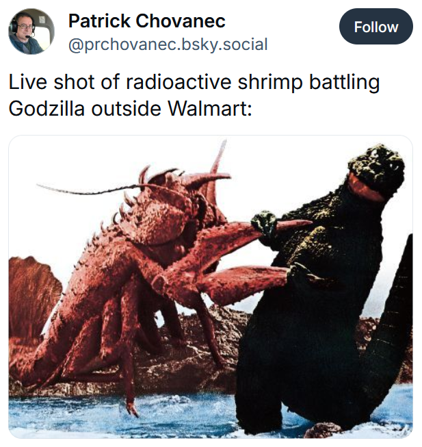 Radioactive shrimp meme with an image of Godzilla fighting a giant lobster.