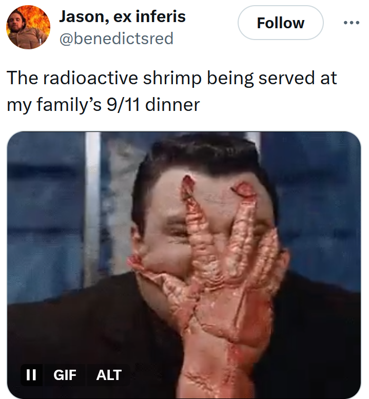 Radioactive shrimp meme with a Beetlejuice gif.