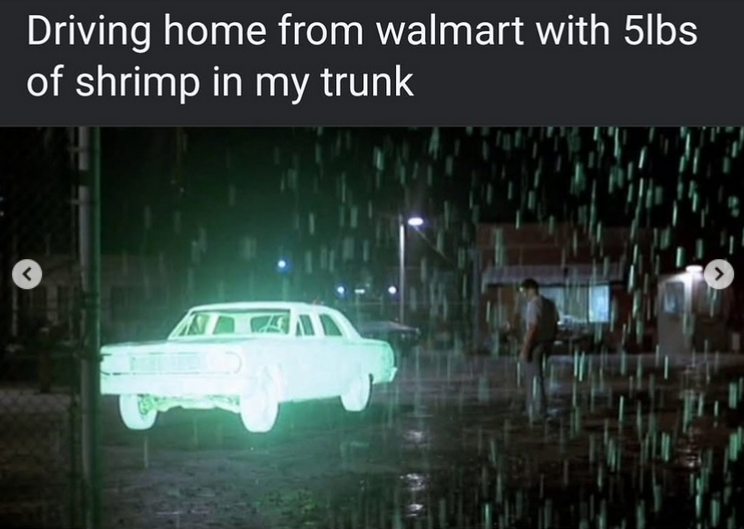Radioactive shrimp meme with a green glowing car in the rain.