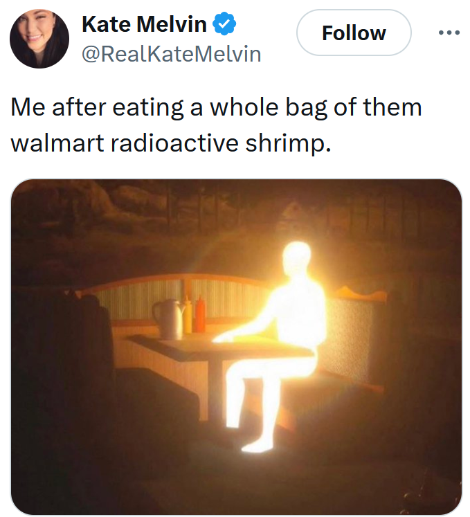 Radioactive shrimp meme with an image of a glowing man at a restaurant booth.