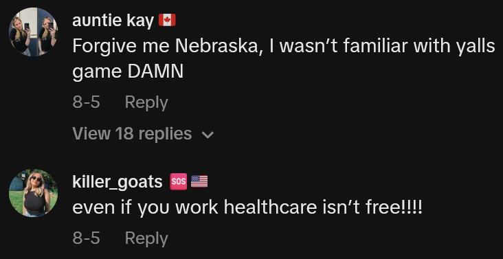 TikTok comments including one reading 'Forgive me Nebraska, I wasn’t familiar with yalls game DAMN'